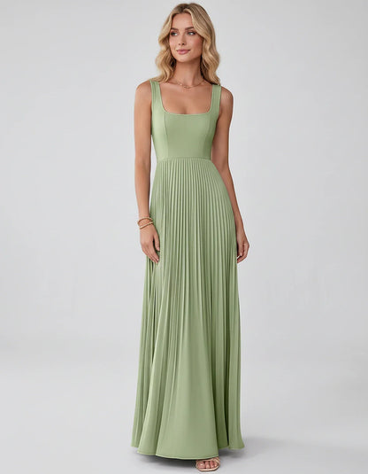 Satin Sleeveless Square Neck A-Line Maxi Dress with Pleated Skirt for Party, Cocktail, Evening, Wedding Guest & Summer Events | SKU: AMD-583920174618527-SAGE-L,AMD-583920174618527-SAGE-M,AMD-583920174618527-SAGE-S,AMD-583920174618527-SAGE-XL,AMD-583920174618527-SAGE-XS