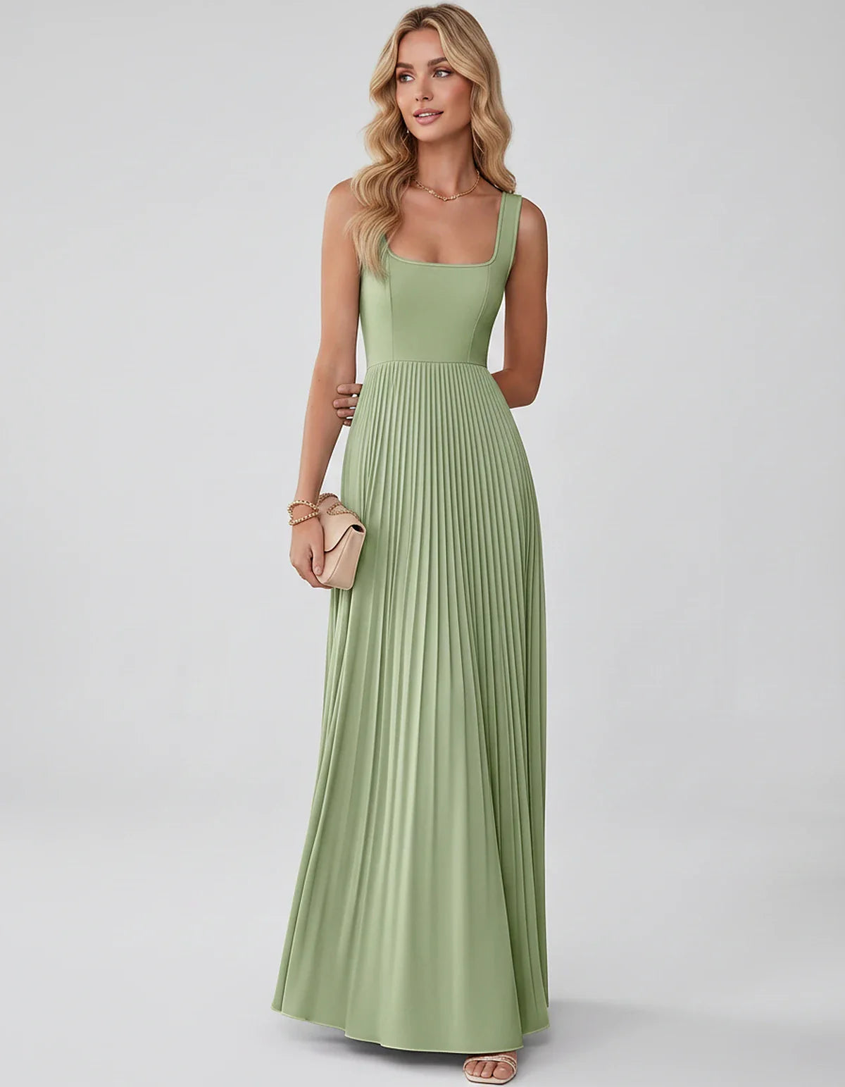 Satin Sleeveless Square Neck A-Line Maxi Dress with Pleated Skirt for Party, Cocktail, Evening, Wedding Guest & Summer Events | SKU: AMD-583920174618527-SAGE-L,AMD-583920174618527-SAGE-M,AMD-583920174618527-SAGE-S,AMD-583920174618527-SAGE-XL,AMD-583920174618527-SAGE-XS