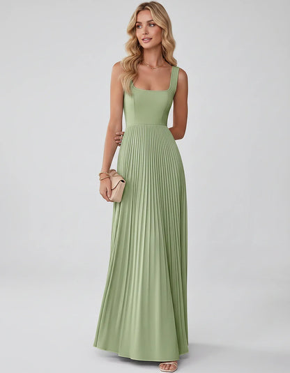 Satin Sleeveless Square Neck A-Line Maxi Dress with Pleated Skirt for Party, Cocktail, Evening, Wedding Guest & Summer Events | SKU: AMD-583920174618527-SAGE-L,AMD-583920174618527-SAGE-M,AMD-583920174618527-SAGE-S,AMD-583920174618527-SAGE-XL,AMD-583920174618527-SAGE-XS