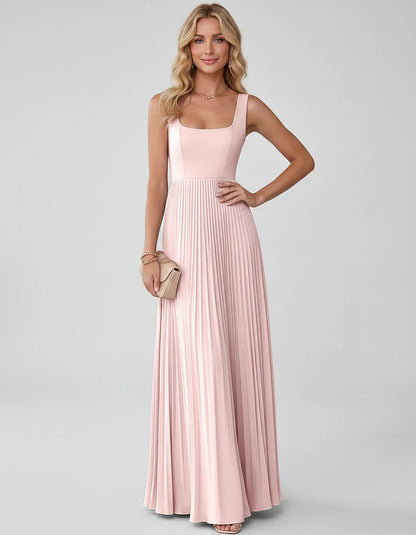 Satin Sleeveless Square Neck A-Line Maxi Dress with Pleated Skirt for Party, Cocktail, Evening, Wedding Guest & Summer Events | SKU: AMD-583920174618527-BLUSH-L,AMD-583920174618527-BLUSH-M,AMD-583920174618527-BLUSH-S,AMD-583920174618527-BLUSH-XL,AMD-583920174618527-BLUSH-XS