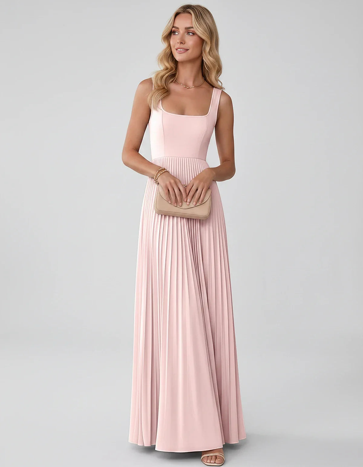 Satin Sleeveless Square Neck A-Line Maxi Dress with Pleated Skirt for Party, Cocktail, Evening, Wedding Guest & Summer Events | SKU: AMD-583920174618527-BLUSH-L,AMD-583920174618527-BLUSH-M,AMD-583920174618527-BLUSH-S,AMD-583920174618527-BLUSH-XL,AMD-583920174618527-BLUSH-XS