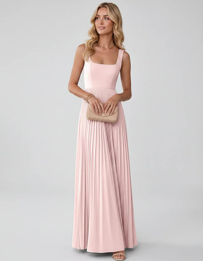 Satin Sleeveless Square Neck A-Line Maxi Dress with Pleated Skirt for Party, Cocktail, Evening, Wedding Guest & Summer Events | SKU: AMD-583920174618527-BLUSH-L,AMD-583920174618527-BLUSH-M,AMD-583920174618527-BLUSH-S,AMD-583920174618527-BLUSH-XL,AMD-583920174618527-BLUSH-XS