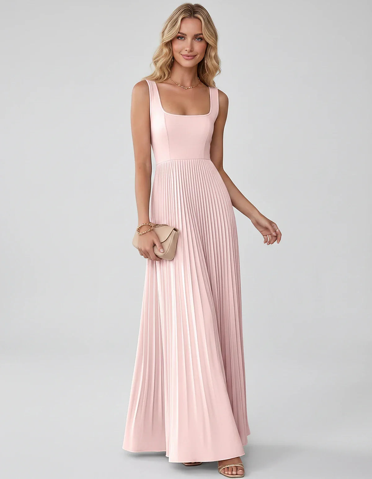 Satin Sleeveless Square Neck A-Line Maxi Dress with Pleated Skirt for Party, Cocktail, Evening, Wedding Guest & Summer Events | SKU: AMD-583920174618527-BLUSH-L,AMD-583920174618527-BLUSH-M,AMD-583920174618527-BLUSH-S,AMD-583920174618527-BLUSH-XL,AMD-583920174618527-BLUSH-XS