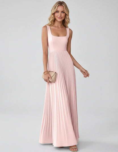 Satin Sleeveless Square Neck A-Line Maxi Dress with Pleated Skirt for Party, Cocktail, Evening, Wedding Guest & Summer Events | SKU: AMD-583920174618527-BLUSH-L,AMD-583920174618527-BLUSH-M,AMD-583920174618527-BLUSH-S,AMD-583920174618527-BLUSH-XL,AMD-583920174618527-BLUSH-XS