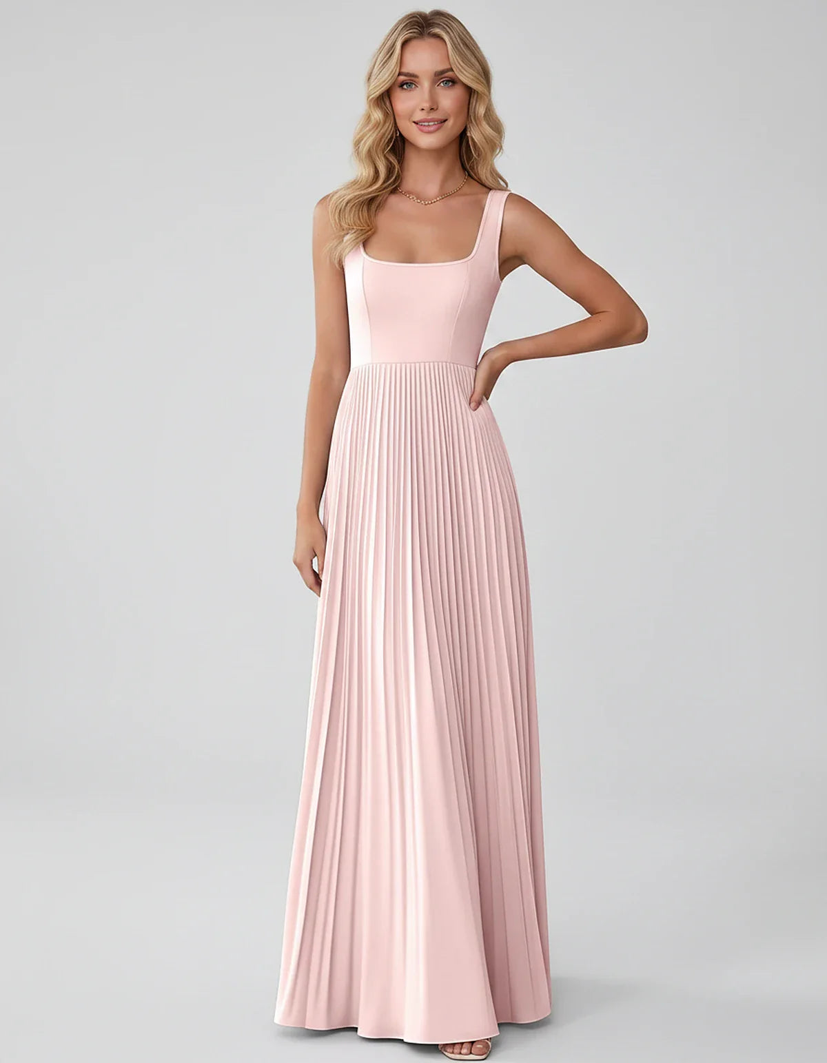 Satin Sleeveless Square Neck A-Line Maxi Dress with Pleated Skirt for Party, Cocktail, Evening, Wedding Guest & Summer Events | SKU: AMD-583920174618527-BLUSH-L,AMD-583920174618527-BLUSH-M,AMD-583920174618527-BLUSH-S,AMD-583920174618527-BLUSH-XL,AMD-583920174618527-BLUSH-XS