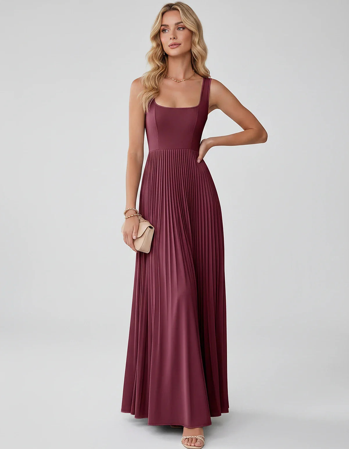 Satin Sleeveless Square Neck A-Line Maxi Dress with Pleated Skirt for Party, Cocktail, Evening, Wedding Guest & Summer Events | SKU: AMD-583920174618527-BURGUNDY-L,AMD-583920174618527-BURGUNDY-M,AMD-583920174618527-BURGUNDY-S,AMD-583920174618527-BURGUNDY-XL,AMD-583920174618527-BURGUNDY-XS