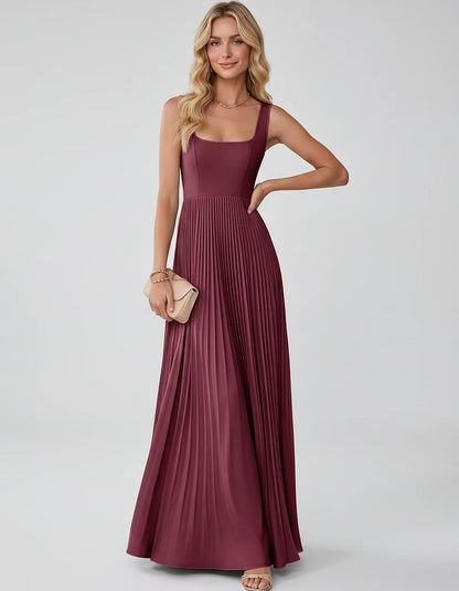 Satin Sleeveless Square Neck A-Line Maxi Dress with Pleated Skirt for Party, Cocktail, Evening, Wedding Guest & Summer Events | SKU: AMD-583920174618527-BURGUNDY-L,AMD-583920174618527-BURGUNDY-M,AMD-583920174618527-BURGUNDY-S,AMD-583920174618527-BURGUNDY-XL,AMD-583920174618527-BURGUNDY-XS