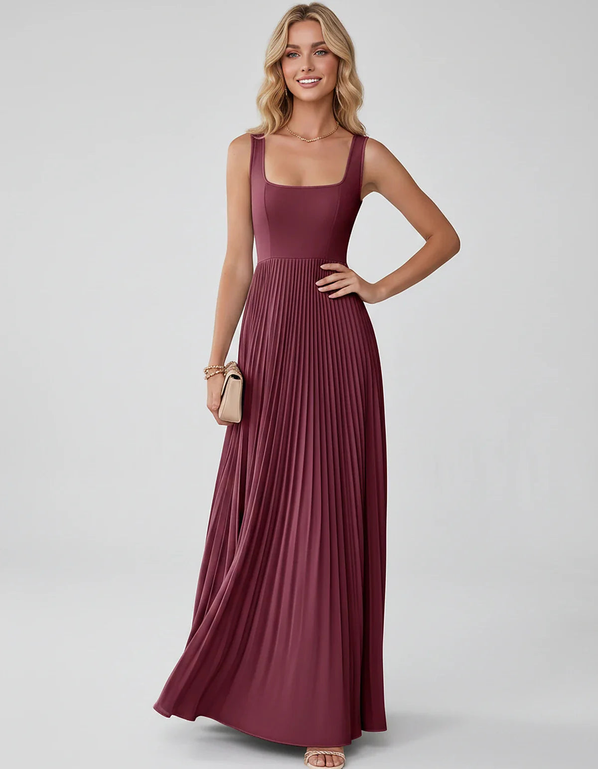 Satin Sleeveless Square Neck A-Line Maxi Dress with Pleated Skirt for Party, Cocktail, Evening, Wedding Guest & Summer Events | SKU: AMD-583920174618527-BURGUNDY-L,AMD-583920174618527-BURGUNDY-M,AMD-583920174618527-BURGUNDY-S,AMD-583920174618527-BURGUNDY-XL,AMD-583920174618527-BURGUNDY-XS