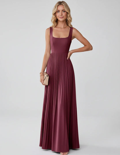 Satin Sleeveless Square Neck A-Line Maxi Dress with Pleated Skirt for Party, Cocktail, Evening, Wedding Guest & Summer Events | SKU: AMD-583920174618527-BURGUNDY-L,AMD-583920174618527-BURGUNDY-M,AMD-583920174618527-BURGUNDY-S,AMD-583920174618527-BURGUNDY-XL,AMD-583920174618527-BURGUNDY-XS