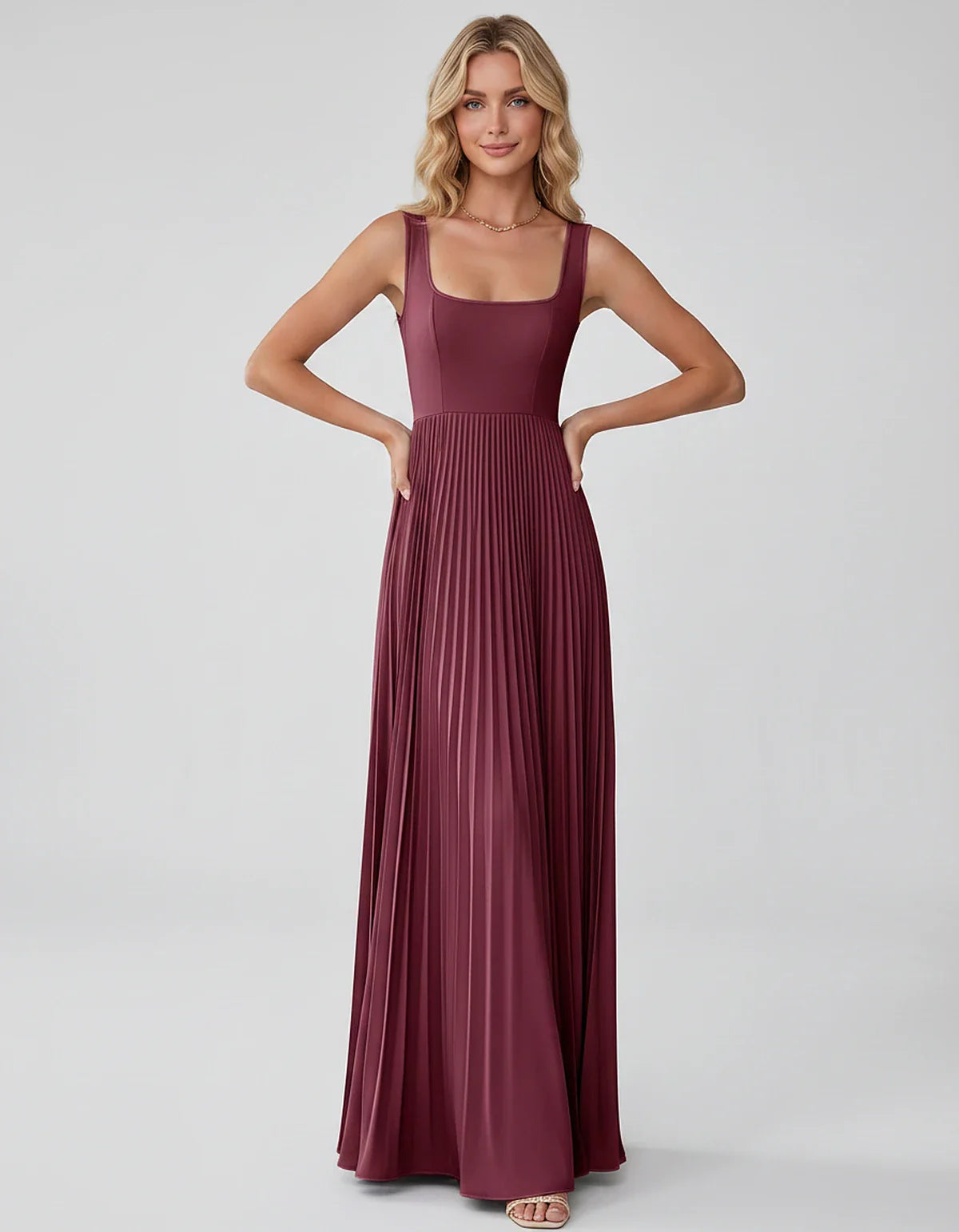 Satin Sleeveless Square Neck A-Line Maxi Dress with Pleated Skirt for Party, Cocktail, Evening, Wedding Guest & Summer Events | SKU: AMD-583920174618527-BURGUNDY-L,AMD-583920174618527-BURGUNDY-M,AMD-583920174618527-BURGUNDY-S,AMD-583920174618527-BURGUNDY-XL,AMD-583920174618527-BURGUNDY-XS