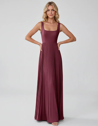 Satin Sleeveless Square Neck A-Line Maxi Dress with Pleated Skirt for Party, Cocktail, Evening, Wedding Guest & Summer Events | SKU: AMD-583920174618527-BURGUNDY-L,AMD-583920174618527-BURGUNDY-M,AMD-583920174618527-BURGUNDY-S,AMD-583920174618527-BURGUNDY-XL,AMD-583920174618527-BURGUNDY-XS