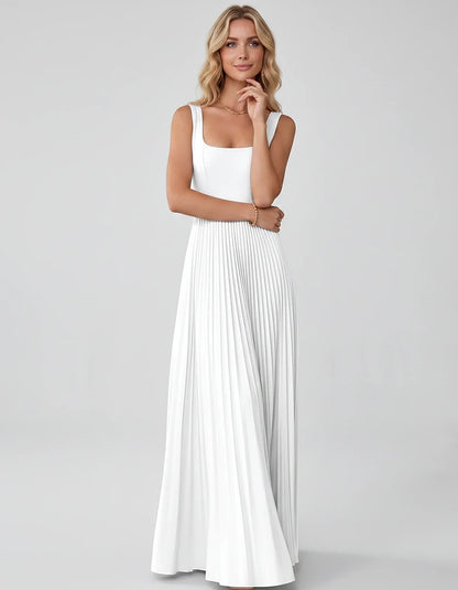 Satin Sleeveless Square Neck A-Line Maxi Dress with Pleated Skirt for Party, Cocktail, Evening, Wedding Guest & Summer Events | SKU: AMD-583920174618527-WHITE-L,AMD-583920174618527-WHITE-M,AMD-583920174618527-WHITE-S,AMD-583920174618527-WHITE-XL,AMD-583920174618527-WHITE-XS
