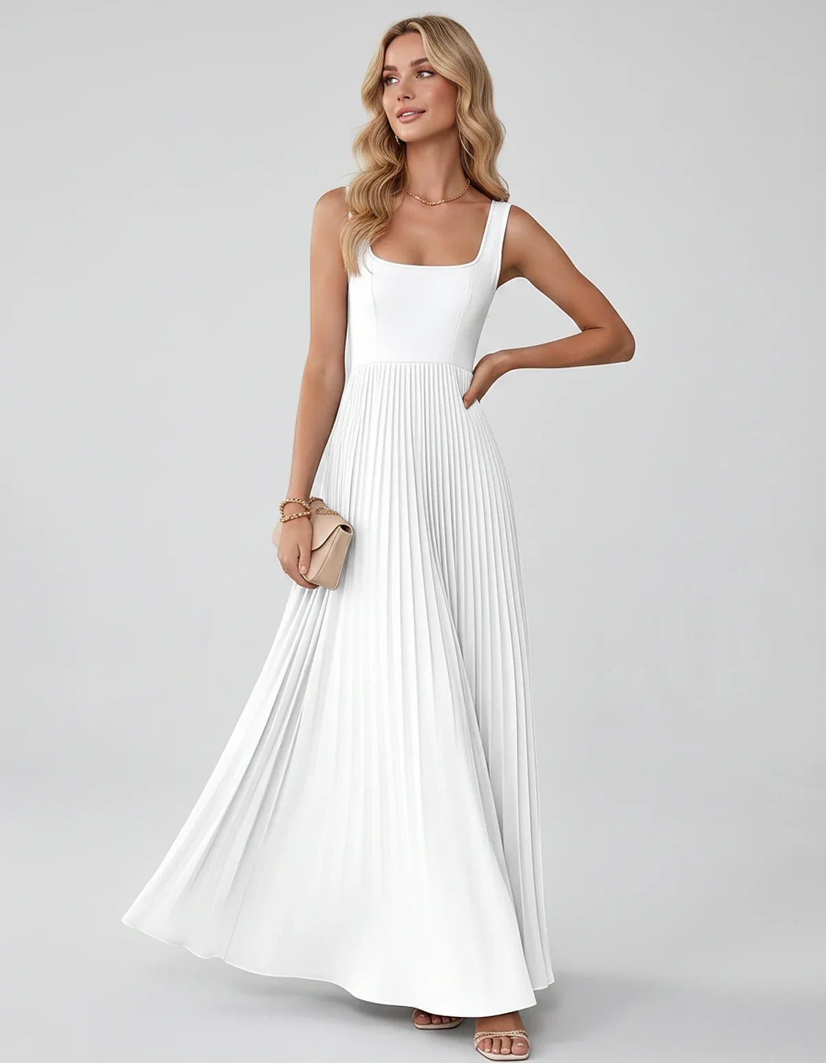 Satin Sleeveless Square Neck A-Line Maxi Dress with Pleated Skirt for Party, Cocktail, Evening, Wedding Guest & Summer Events | SKU: AMD-583920174618527-WHITE-L,AMD-583920174618527-WHITE-M,AMD-583920174618527-WHITE-S,AMD-583920174618527-WHITE-XL,AMD-583920174618527-WHITE-XS