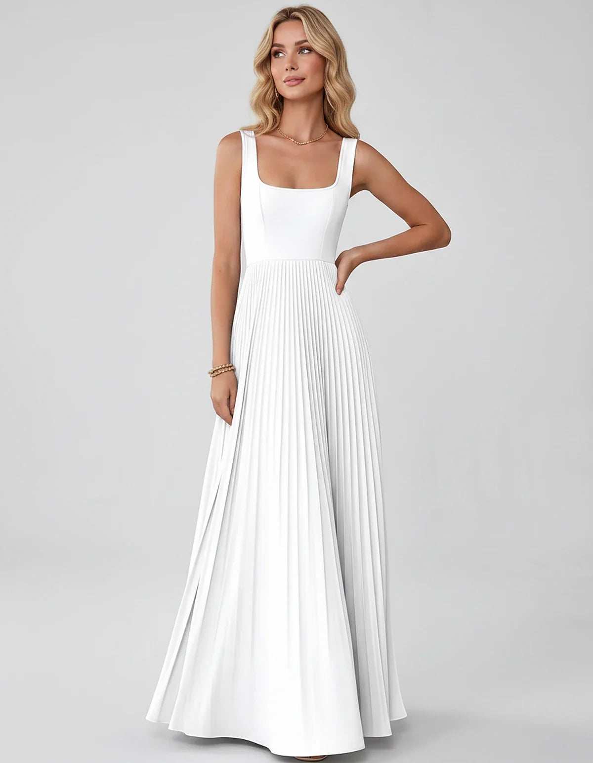 Satin Sleeveless Square Neck A-Line Maxi Dress with Pleated Skirt for Party, Cocktail, Evening, Wedding Guest & Summer Events | SKU: AMD-583920174618527-WHITE-L,AMD-583920174618527-WHITE-M,AMD-583920174618527-WHITE-S,AMD-583920174618527-WHITE-XL,AMD-583920174618527-WHITE-XS