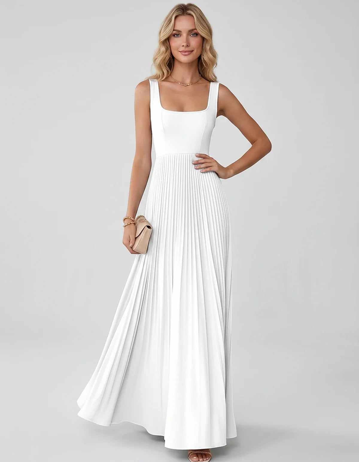 Satin Sleeveless Square Neck A-Line Maxi Dress with Pleated Skirt for Party, Cocktail, Evening, Wedding Guest & Summer Events | SKU: AMD-583920174618527-WHITE-L,AMD-583920174618527-WHITE-M,AMD-583920174618527-WHITE-S,AMD-583920174618527-WHITE-XL,AMD-583920174618527-WHITE-XS