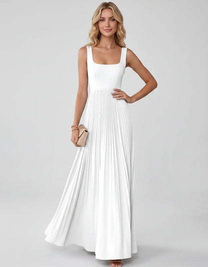 Satin Sleeveless Square Neck A-Line Maxi Dress with Pleated Skirt for Party, Cocktail, Evening, Wedding Guest & Summer Events | SKU: AMD-583920174618527-WHITE-L,AMD-583920174618527-WHITE-M,AMD-583920174618527-WHITE-S,AMD-583920174618527-WHITE-XL,AMD-583920174618527-WHITE-XS
