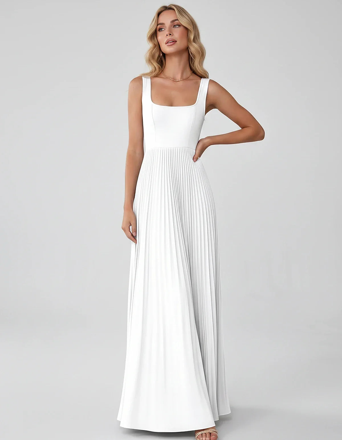 Satin Sleeveless Square Neck A-Line Maxi Dress with Pleated Skirt for Party, Cocktail, Evening, Wedding Guest & Summer Events | SKU: AMD-583920174618527-WHITE-L,AMD-583920174618527-WHITE-M,AMD-583920174618527-WHITE-S,AMD-583920174618527-WHITE-XL,AMD-583920174618527-WHITE-XS
