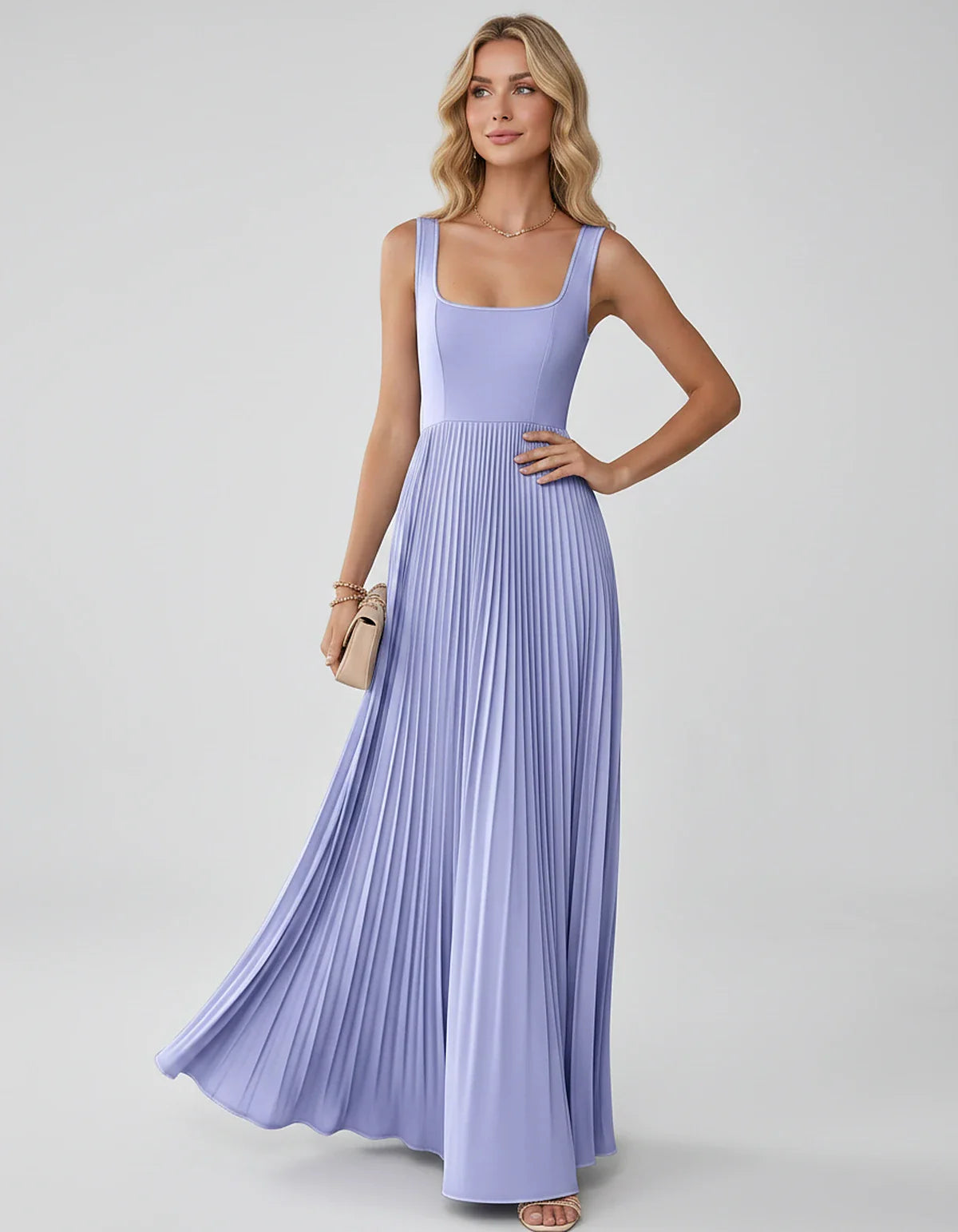 Satin Sleeveless Square Neck A-Line Maxi Dress with Pleated Skirt for Party, Cocktail, Evening, Wedding Guest & Summer Events | SKU: AMD-583920174618527-LAVENDER-L,AMD-583920174618527-LAVENDER-M,AMD-583920174618527-LAVENDER-S,AMD-583920174618527-LAVENDER-XL,AMD-583920174618527-LAVENDER-XS