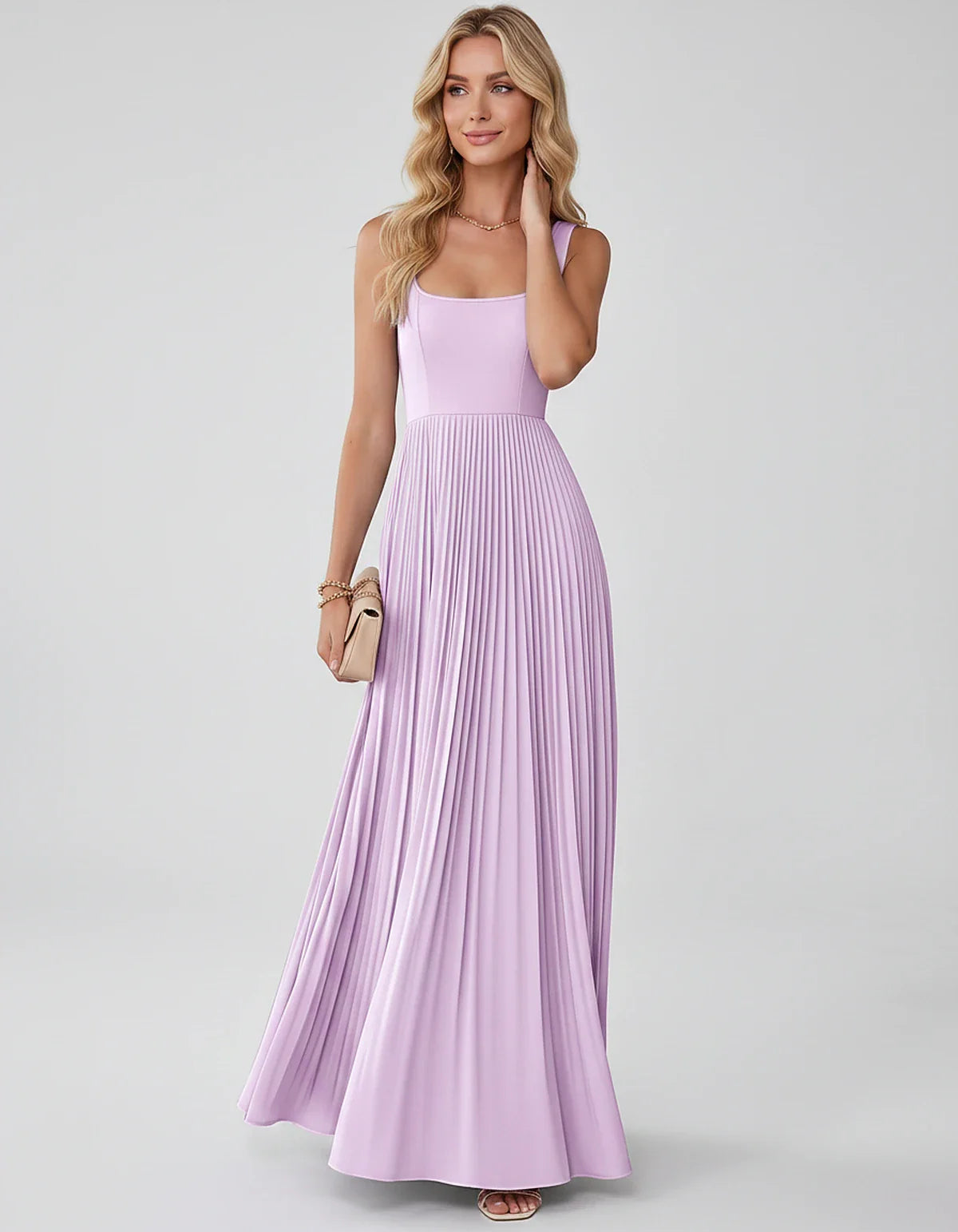 Satin Sleeveless Square Neck A-Line Maxi Dress with Pleated Skirt for Party, Cocktail, Evening, Wedding Guest & Summer Events | SKU: AMD-583920174618527-LILAC-L,AMD-583920174618527-LILAC-M,AMD-583920174618527-LILAC-S,AMD-583920174618527-LILAC-XL,AMD-583920174618527-LILAC-XS