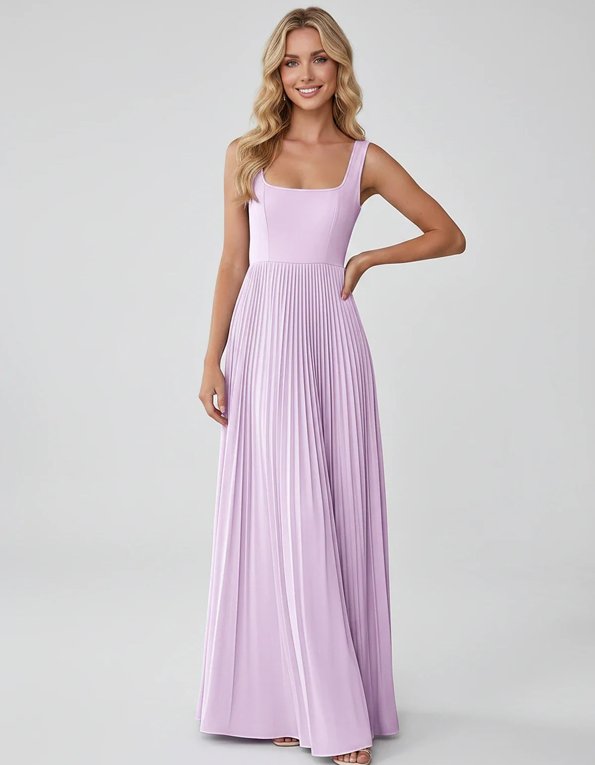 Satin Sleeveless Square Neck A-Line Maxi Dress with Pleated Skirt for Party, Cocktail, Evening, Wedding Guest & Summer Events | SKU: AMD-583920174618527-LILAC-L,AMD-583920174618527-LILAC-M,AMD-583920174618527-LILAC-S,AMD-583920174618527-LILAC-XL,AMD-583920174618527-LILAC-XS