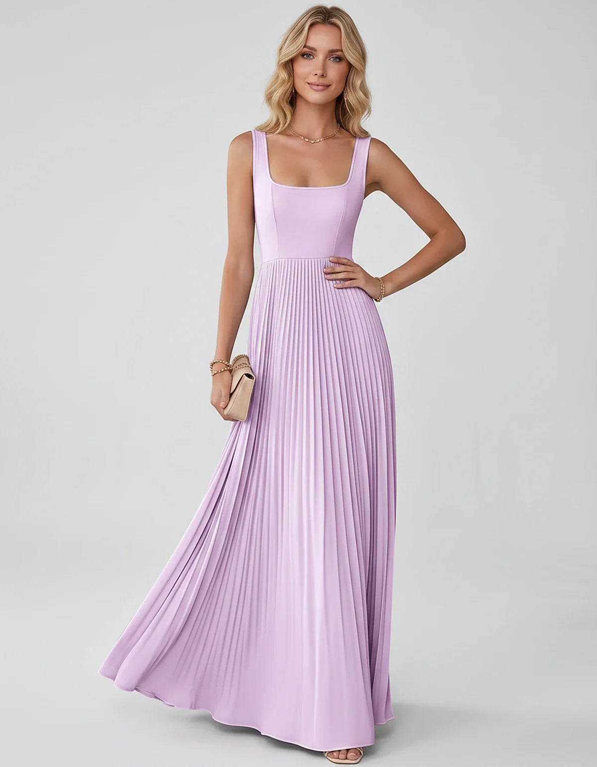 Satin Sleeveless Square Neck A-Line Maxi Dress with Pleated Skirt for Party, Cocktail, Evening, Wedding Guest & Summer Events | SKU: AMD-583920174618527-LILAC-L,AMD-583920174618527-LILAC-M,AMD-583920174618527-LILAC-S,AMD-583920174618527-LILAC-XL,AMD-583920174618527-LILAC-XS