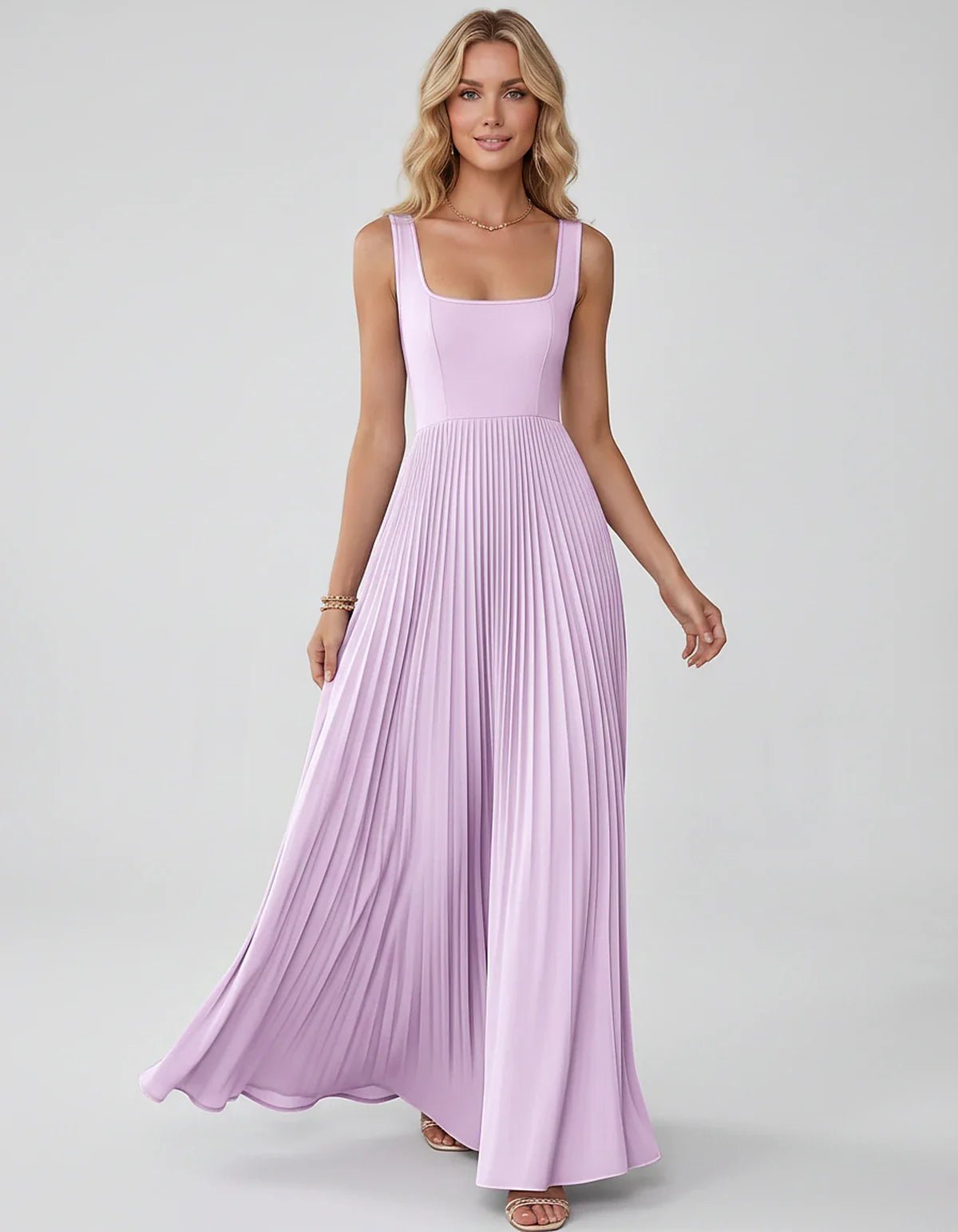 Satin Sleeveless Square Neck A-Line Maxi Dress with Pleated Skirt for Party, Cocktail, Evening, Wedding Guest & Summer Events | SKU: AMD-583920174618527-LILAC-L,AMD-583920174618527-LILAC-M,AMD-583920174618527-LILAC-S,AMD-583920174618527-LILAC-XL,AMD-583920174618527-LILAC-XS