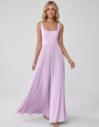 Satin Sleeveless Square Neck A-Line Maxi Dress with Pleated Skirt for Party, Cocktail, Evening, Wedding Guest & Summer Events | SKU: AMD-583920174618527-LILAC-L,AMD-583920174618527-LILAC-M,AMD-583920174618527-LILAC-S,AMD-583920174618527-LILAC-XL,AMD-583920174618527-LILAC-XS