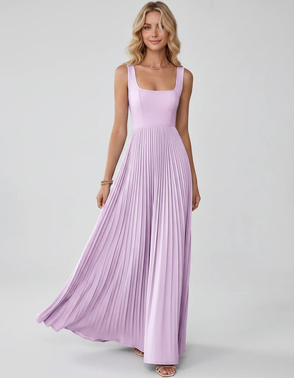 Satin Sleeveless Square Neck A-Line Maxi Dress with Pleated Skirt for Party, Cocktail, Evening, Wedding Guest & Summer Events | SKU: AMD-583920174618527-LILAC-L,AMD-583920174618527-LILAC-M,AMD-583920174618527-LILAC-S,AMD-583920174618527-LILAC-XL,AMD-583920174618527-LILAC-XS