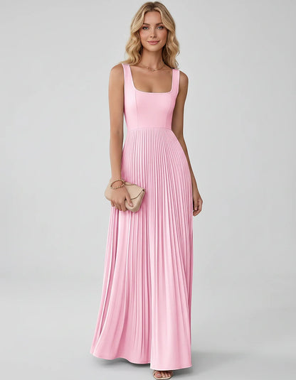 Satin Sleeveless Square Neck A-Line Maxi Dress with Pleated Skirt for Party, Cocktail, Evening, Wedding Guest & Summer Events | SKU: AMD-583920174618527-PINK-L,AMD-583920174618527-PINK-M,AMD-583920174618527-PINK-S,AMD-583920174618527-PINK-XL,AMD-583920174618527-PINK-XS