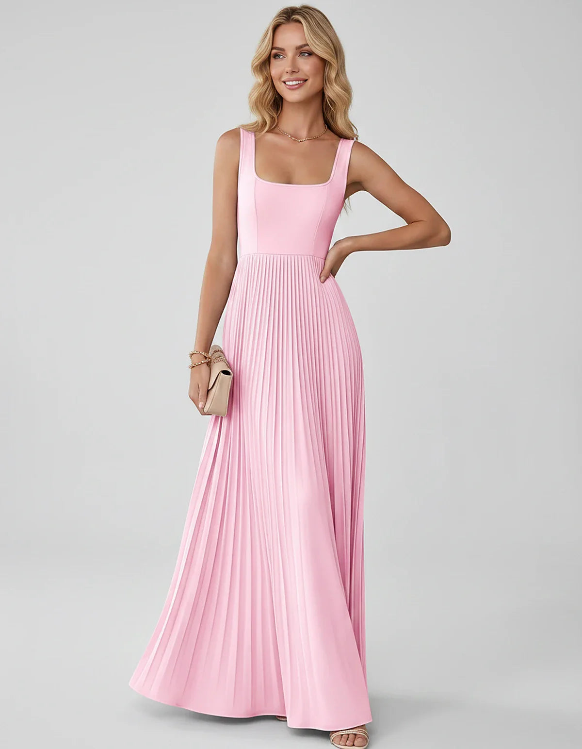 Satin Sleeveless Square Neck A-Line Maxi Dress with Pleated Skirt for Party, Cocktail, Evening, Wedding Guest & Summer Events | SKU: AMD-583920174618527-PINK-L,AMD-583920174618527-PINK-M,AMD-583920174618527-PINK-S,AMD-583920174618527-PINK-XL,AMD-583920174618527-PINK-XS