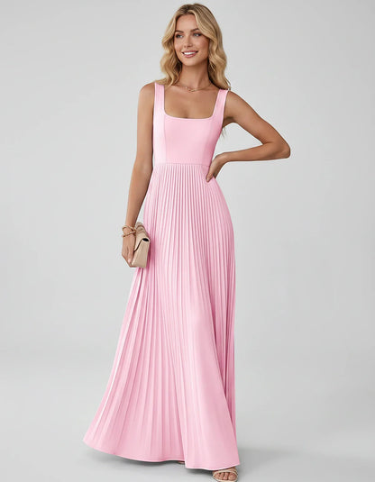 Satin Sleeveless Square Neck A-Line Maxi Dress with Pleated Skirt for Party, Cocktail, Evening, Wedding Guest & Summer Events | SKU: AMD-583920174618527-PINK-L,AMD-583920174618527-PINK-M,AMD-583920174618527-PINK-S,AMD-583920174618527-PINK-XL,AMD-583920174618527-PINK-XS