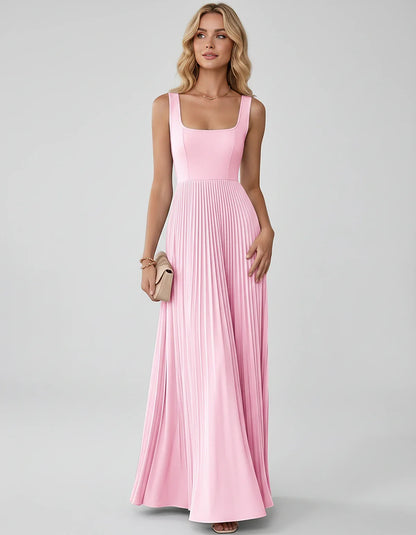 Satin Sleeveless Square Neck A-Line Maxi Dress with Pleated Skirt for Party, Cocktail, Evening, Wedding Guest & Summer Events | SKU: AMD-583920174618527-PINK-L,AMD-583920174618527-PINK-M,AMD-583920174618527-PINK-S,AMD-583920174618527-PINK-XL,AMD-583920174618527-PINK-XS