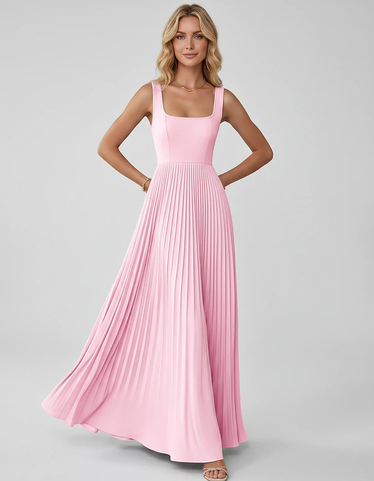 Satin Sleeveless Square Neck A-Line Maxi Dress with Pleated Skirt for Party, Cocktail, Evening, Wedding Guest & Summer Events | SKU: AMD-583920174618527-PINK-L,AMD-583920174618527-PINK-M,AMD-583920174618527-PINK-S,AMD-583920174618527-PINK-XL,AMD-583920174618527-PINK-XS