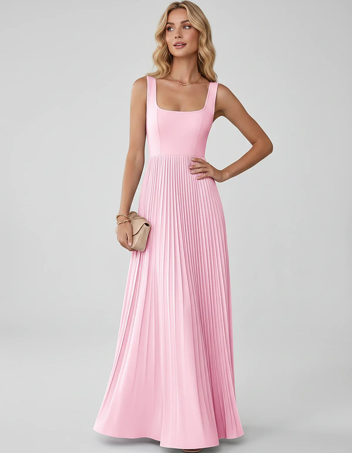 Satin Sleeveless Square Neck A-Line Maxi Dress with Pleated Skirt for Party, Cocktail, Evening, Wedding Guest & Summer Events | SKU: AMD-583920174618527-PINK-L,AMD-583920174618527-PINK-M,AMD-583920174618527-PINK-S,AMD-583920174618527-PINK-XL,AMD-583920174618527-PINK-XS