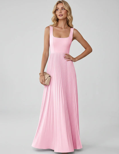 Satin Sleeveless Square Neck A-Line Maxi Dress with Pleated Skirt for Party, Cocktail, Evening, Wedding Guest & Summer Events | SKU: AMD-583920174618527-PINK-L,AMD-583920174618527-PINK-M,AMD-583920174618527-PINK-S,AMD-583920174618527-PINK-XL,AMD-583920174618527-PINK-XS