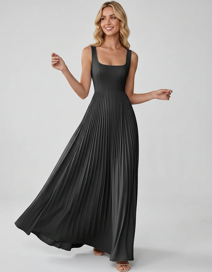 Satin Sleeveless Square Neck A-Line Maxi Dress with Pleated Skirt for Party, Cocktail, Evening, Wedding Guest & Summer Events | SKU: AMD-583920174618527-BLACK-L,AMD-583920174618527-BLACK-M,AMD-583920174618527-BLACK-S,AMD-583920174618527-BLACK-XL,AMD-583920174618527-BLACK-XS