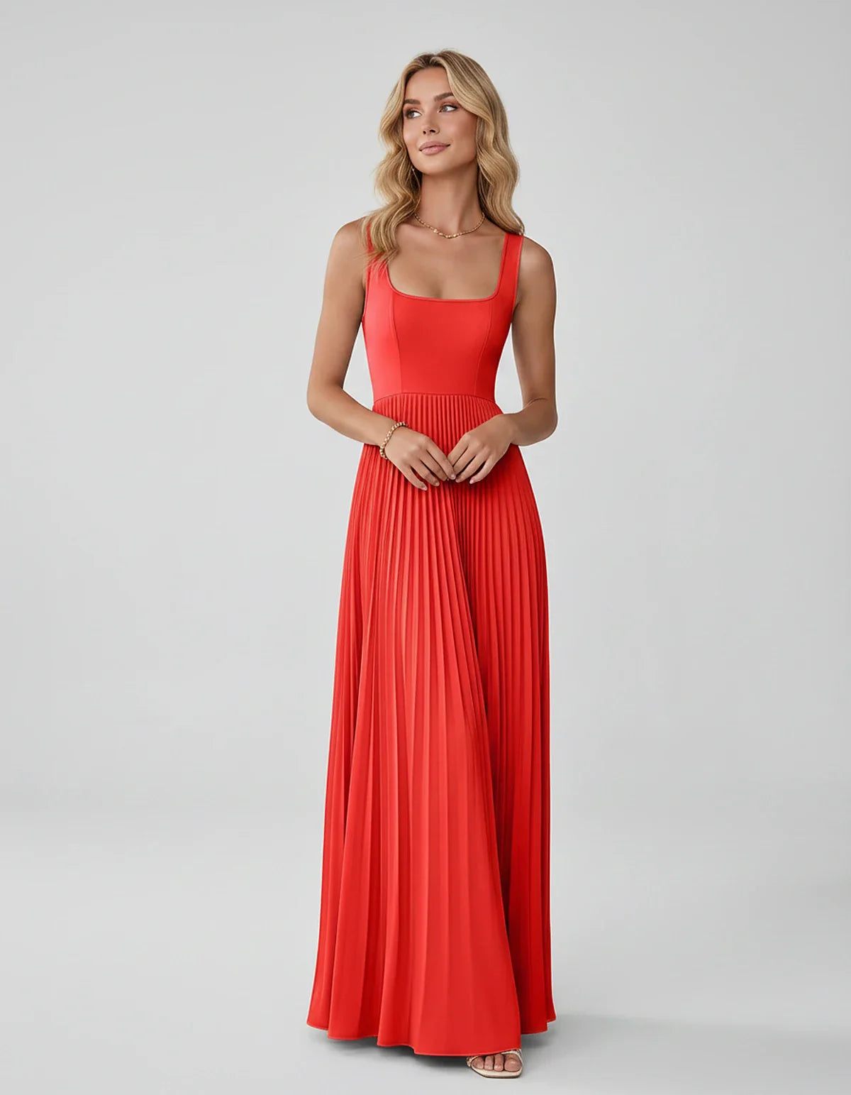 Satin Sleeveless Square Neck A-Line Maxi Dress with Pleated Skirt for Party, Cocktail, Evening, Wedding Guest & Summer Events | SKU: AMD-583920174618527-RED-L,AMD-583920174618527-RED-M,AMD-583920174618527-RED-S,AMD-583920174618527-RED-XL,AMD-583920174618527-RED-XS