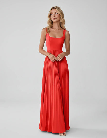 Satin Sleeveless Square Neck A-Line Maxi Dress with Pleated Skirt for Party, Cocktail, Evening, Wedding Guest & Summer Events | SKU: AMD-583920174618527-RED-L,AMD-583920174618527-RED-M,AMD-583920174618527-RED-S,AMD-583920174618527-RED-XL,AMD-583920174618527-RED-XS