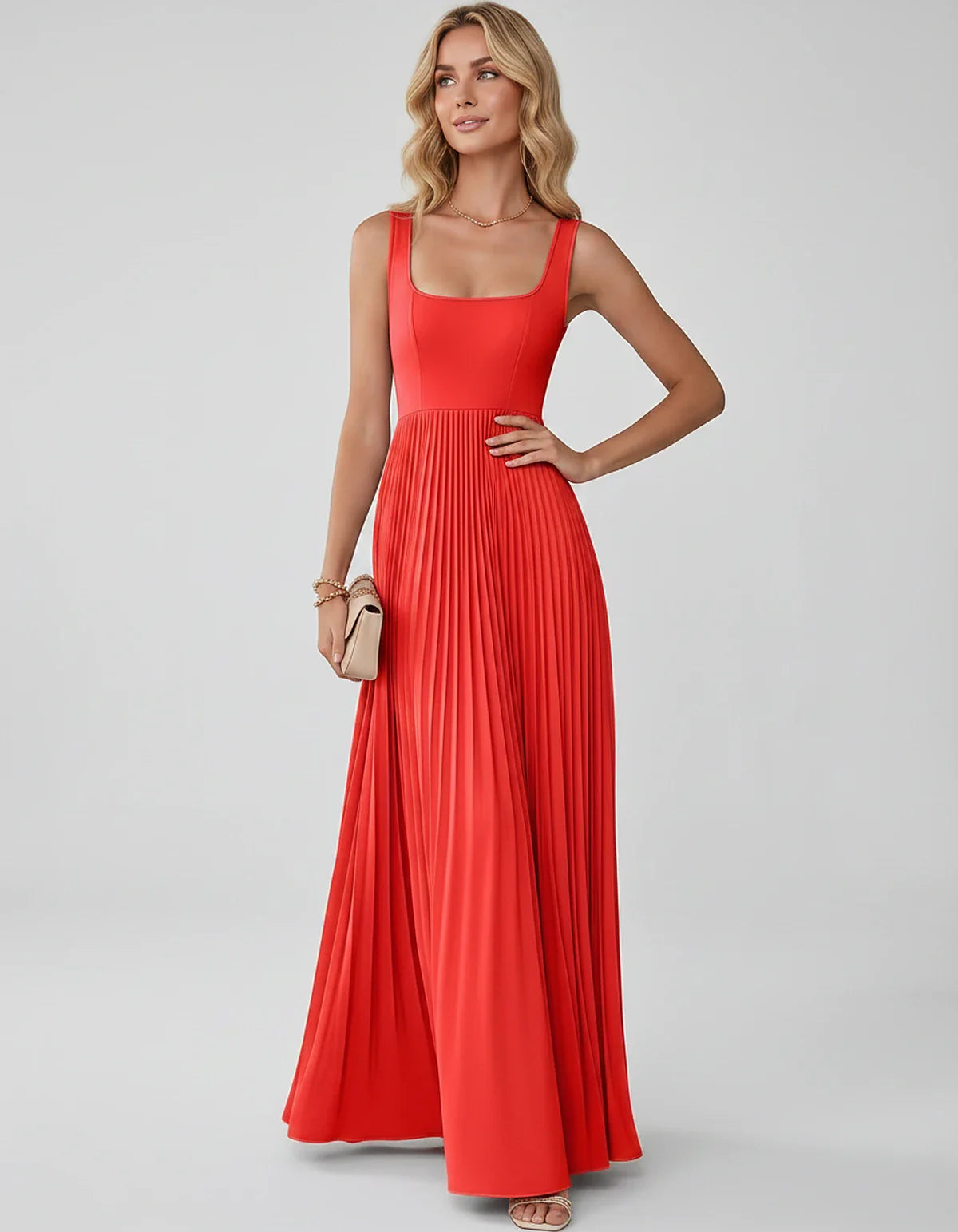 Satin Sleeveless Square Neck A-Line Maxi Dress with Pleated Skirt for Party, Cocktail, Evening, Wedding Guest & Summer Events | SKU: AMD-583920174618527-RED-L,AMD-583920174618527-RED-M,AMD-583920174618527-RED-S,AMD-583920174618527-RED-XL,AMD-583920174618527-RED-XS