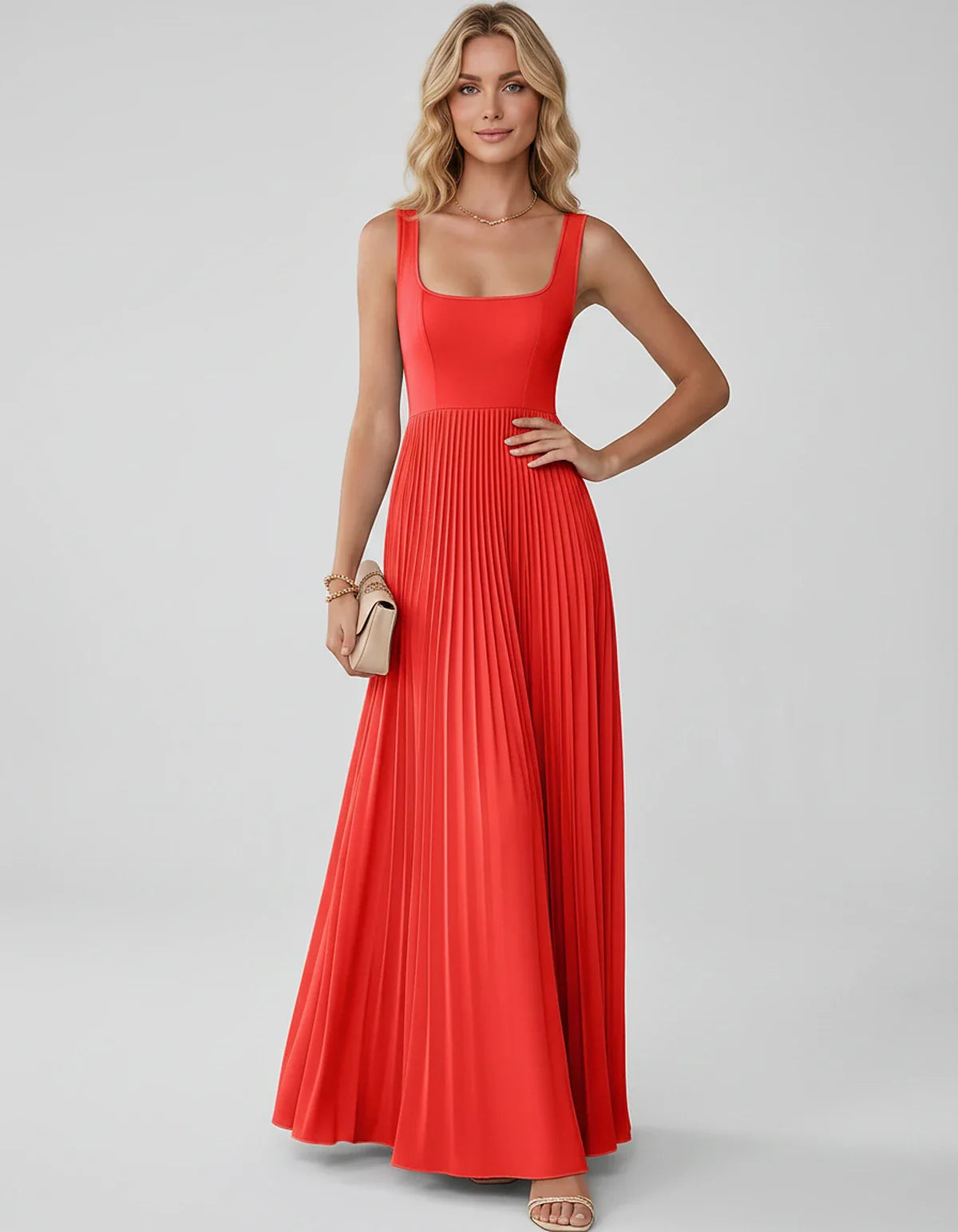 Satin Sleeveless Square Neck A-Line Maxi Dress with Pleated Skirt for Party, Cocktail, Evening, Wedding Guest & Summer Events | SKU: AMD-583920174618527-RED-L,AMD-583920174618527-RED-M,AMD-583920174618527-RED-S,AMD-583920174618527-RED-XL,AMD-583920174618527-RED-XS