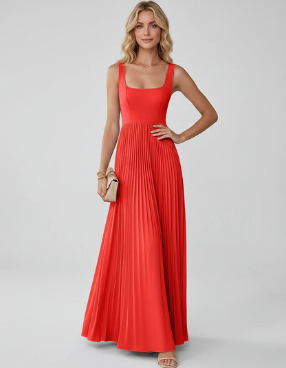 Satin Sleeveless Square Neck A-Line Maxi Dress with Pleated Skirt for Party, Cocktail, Evening, Wedding Guest & Summer Events | SKU: AMD-583920174618527-RED-L,AMD-583920174618527-RED-M,AMD-583920174618527-RED-S,AMD-583920174618527-RED-XL,AMD-583920174618527-RED-XS