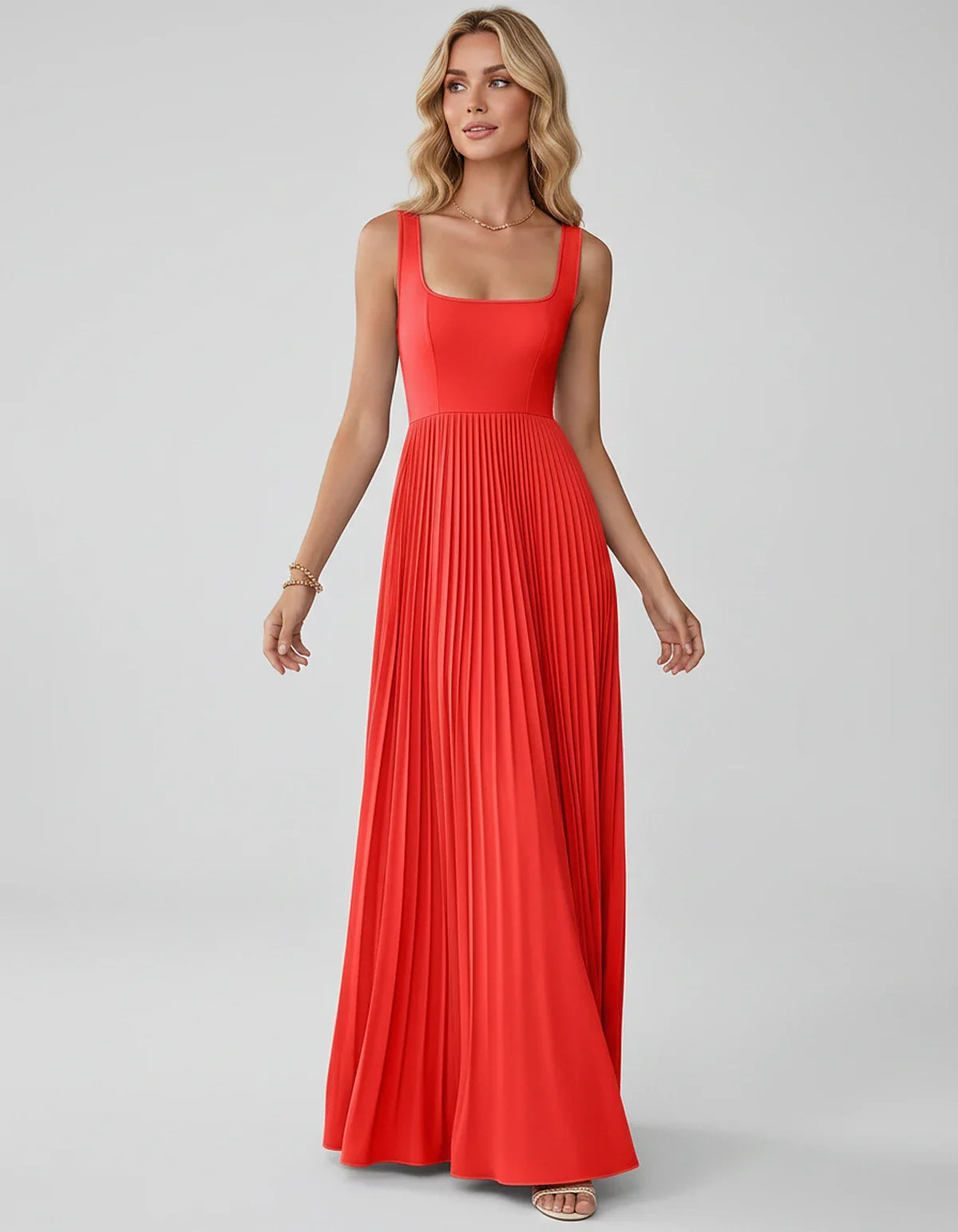 Satin Sleeveless Square Neck A-Line Maxi Dress with Pleated Skirt for Party, Cocktail, Evening, Wedding Guest & Summer Events | SKU: AMD-583920174618527-RED-L,AMD-583920174618527-RED-M,AMD-583920174618527-RED-S,AMD-583920174618527-RED-XL,AMD-583920174618527-RED-XS