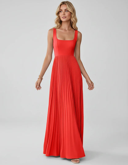 Satin Sleeveless Square Neck A-Line Maxi Dress with Pleated Skirt for Party, Cocktail, Evening, Wedding Guest & Summer Events | SKU: AMD-583920174618527-RED-L,AMD-583920174618527-RED-M,AMD-583920174618527-RED-S,AMD-583920174618527-RED-XL,AMD-583920174618527-RED-XS