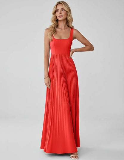 Satin Sleeveless Square Neck A-Line Maxi Dress with Pleated Skirt for Party, Cocktail, Evening, Wedding Guest & Summer Events | SKU: AMD-583920174618527-RED-L,AMD-583920174618527-RED-M,AMD-583920174618527-RED-S,AMD-583920174618527-RED-XL,AMD-583920174618527-RED-XS