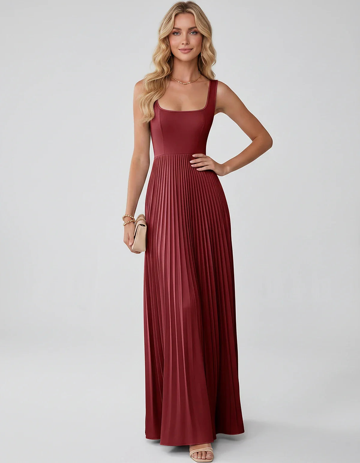 Satin Sleeveless Square Neck A-Line Maxi Dress with Pleated Skirt for Party, Cocktail, Evening, Wedding Guest & Summer Events | SKU: AMD-583920174618527-WINE-L,AMD-583920174618527-WINE-M,AMD-583920174618527-WINE-S,AMD-583920174618527-WINE-XL,AMD-583920174618527-WINE-XS