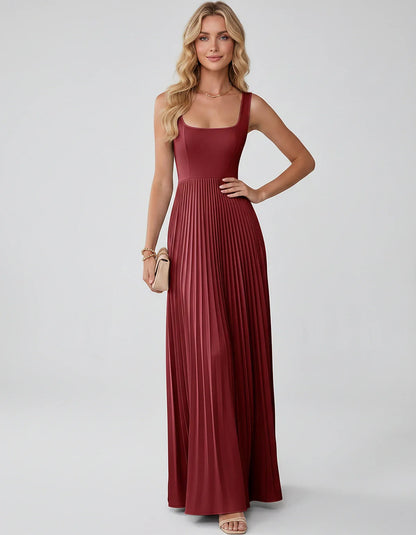 Satin Sleeveless Square Neck A-Line Maxi Dress with Pleated Skirt for Party, Cocktail, Evening, Wedding Guest & Summer Events | SKU: AMD-583920174618527-WINE-L,AMD-583920174618527-WINE-M,AMD-583920174618527-WINE-S,AMD-583920174618527-WINE-XL,AMD-583920174618527-WINE-XS