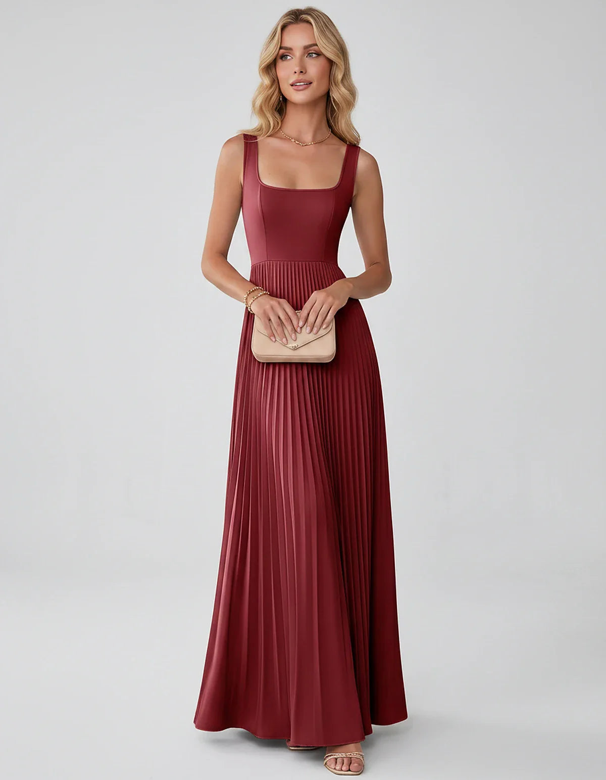 Satin Sleeveless Square Neck A-Line Maxi Dress with Pleated Skirt for Party, Cocktail, Evening, Wedding Guest & Summer Events | SKU: AMD-583920174618527-WINE-L,AMD-583920174618527-WINE-M,AMD-583920174618527-WINE-S,AMD-583920174618527-WINE-XL,AMD-583920174618527-WINE-XS