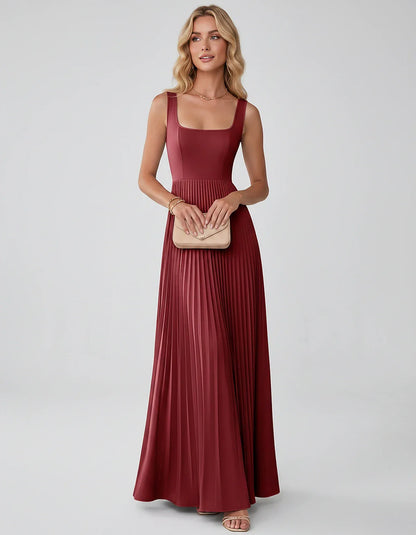 Satin Sleeveless Square Neck A-Line Maxi Dress with Pleated Skirt for Party, Cocktail, Evening, Wedding Guest & Summer Events | SKU: AMD-583920174618527-WINE-L,AMD-583920174618527-WINE-M,AMD-583920174618527-WINE-S,AMD-583920174618527-WINE-XL,AMD-583920174618527-WINE-XS