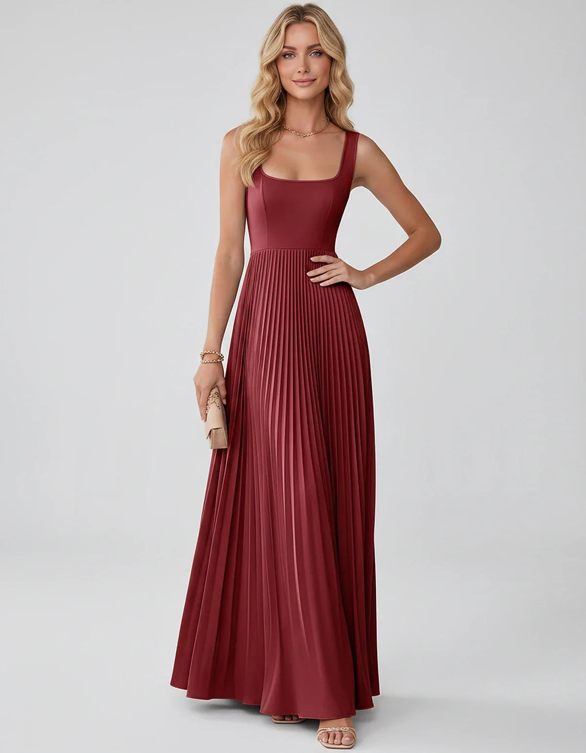 Satin Sleeveless Square Neck A-Line Maxi Dress with Pleated Skirt for Party, Cocktail, Evening, Wedding Guest & Summer Events | SKU: AMD-583920174618527-WINE-L,AMD-583920174618527-WINE-M,AMD-583920174618527-WINE-S,AMD-583920174618527-WINE-XL,AMD-583920174618527-WINE-XS