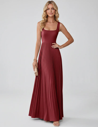 Satin Sleeveless Square Neck A-Line Maxi Dress with Pleated Skirt for Party, Cocktail, Evening, Wedding Guest & Summer Events | SKU: AMD-583920174618527-WINE-L,AMD-583920174618527-WINE-M,AMD-583920174618527-WINE-S,AMD-583920174618527-WINE-XL,AMD-583920174618527-WINE-XS